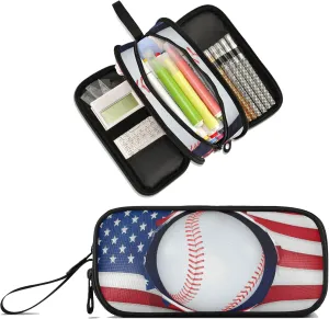 American flag baseball Large Capacity Pencil Case Pencil Pouch Office School Large Storage Pen Bag 3 Compartment pencil box for Adults School Teen Girl Boy Men Women