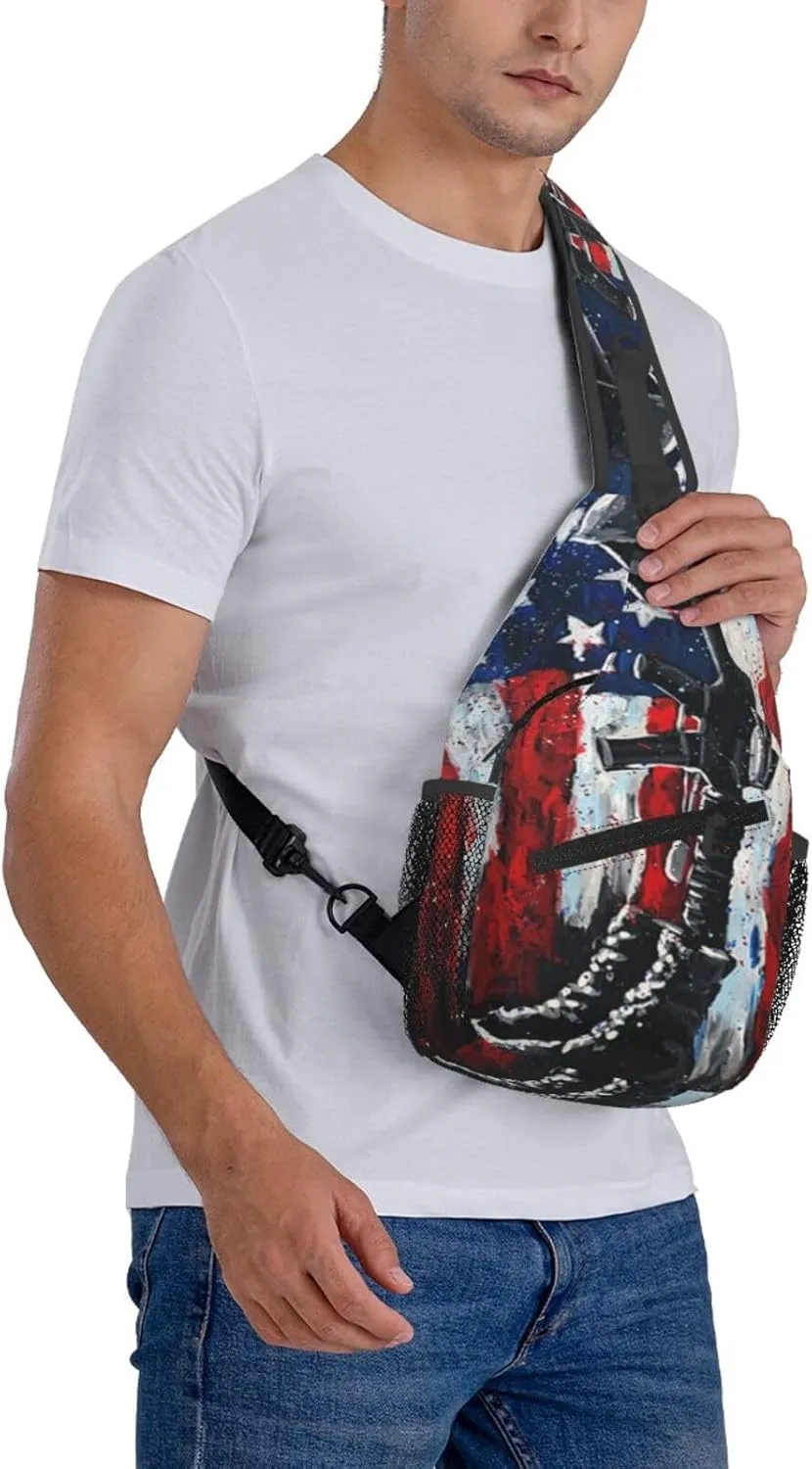 American Flag Soldier Silhouette Men'S Crossbody Bag Travel Hiking Shoulder Backpack Chest Bag