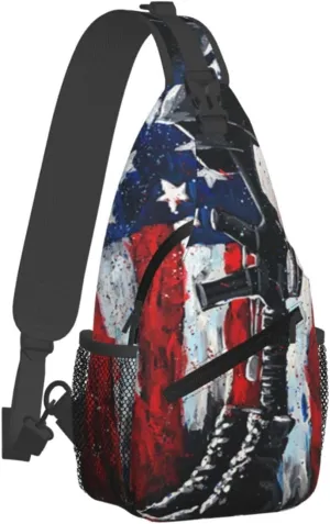 American Flag Soldier Silhouette Men'S Crossbody Bag Travel Hiking Shoulder Backpack Chest Bag