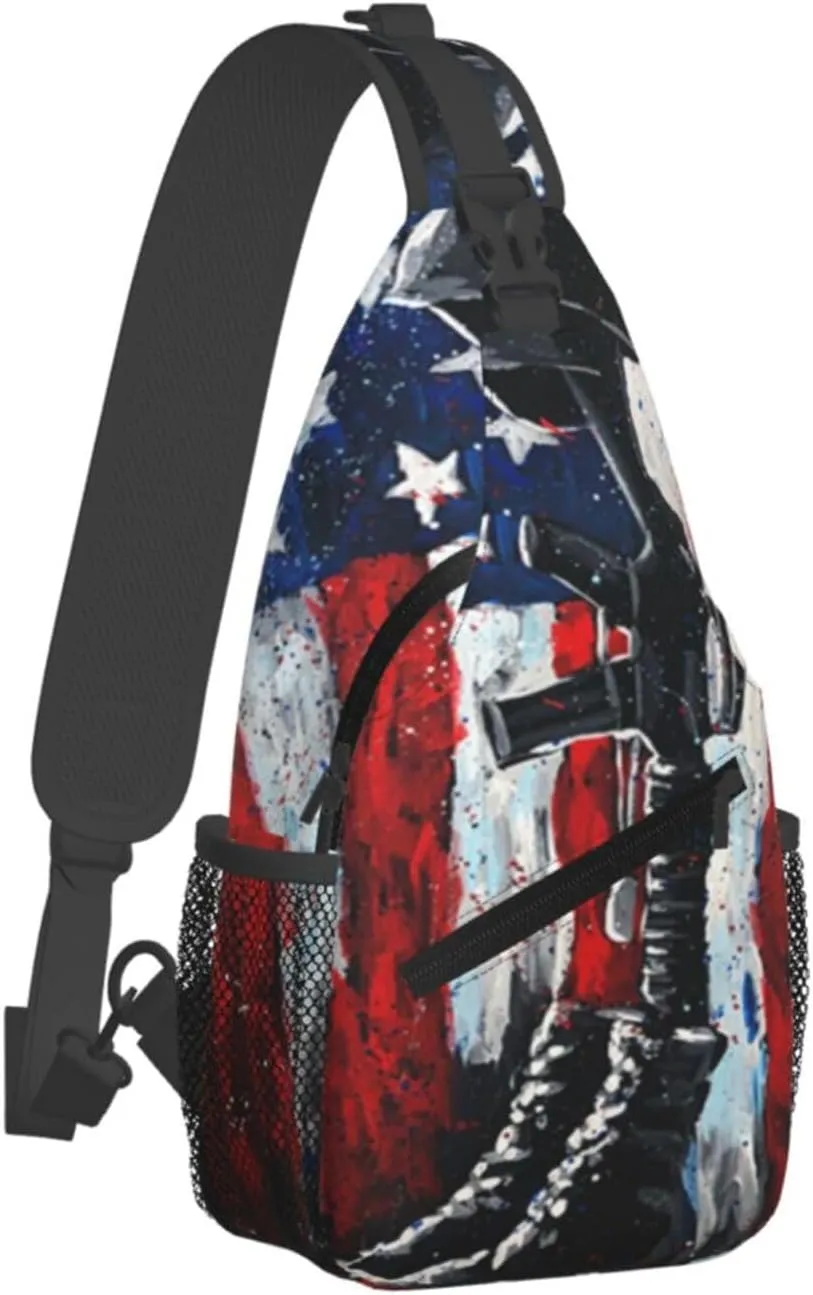 American Flag Soldier Silhouette Men'S Crossbody Bag Travel Hiking Shoulder Backpack Chest Bag