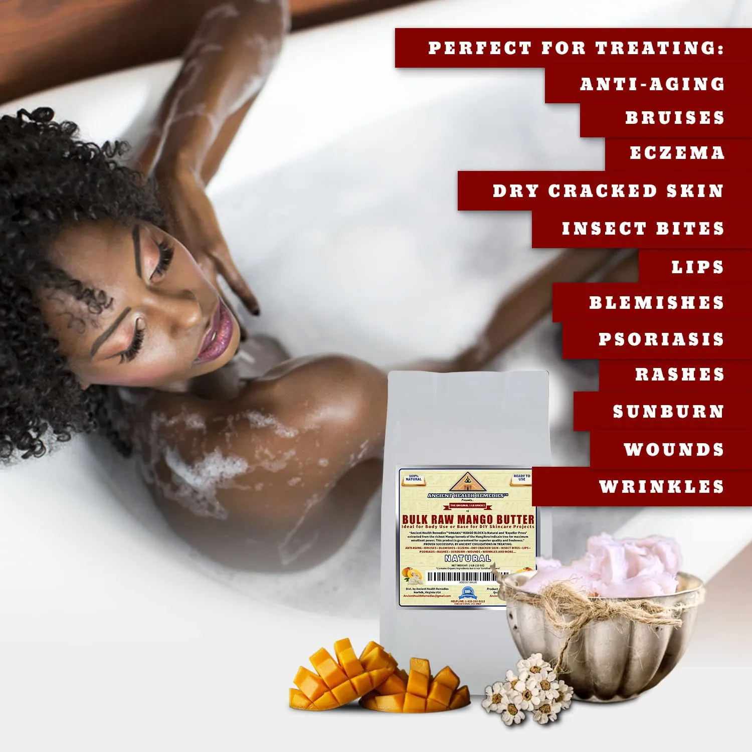 ANCIENT HEALTH REMEDIES Organic Unrefined Raw MANGO BUTTER JAR/BLOCKS Bulk, Light Mango Aroma, Non-Greasy Base for Beauty, Skin Moisturizing, DIY Base for Body Butter & Hand Creams (2 LB)
