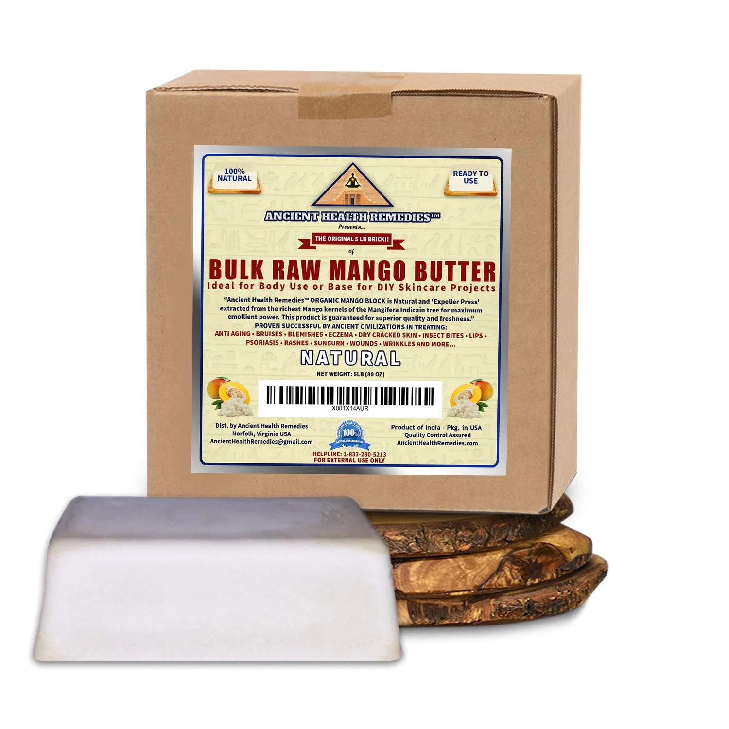 ANCIENT HEALTH REMEDIES Organic Unrefined Raw MANGO BUTTER JAR/BLOCKS Bulk, Light Mango Aroma, Non-Greasy Base for Beauty, Skin Moisturizing, DIY Base for Body Butter & Hand Creams (5 LB)