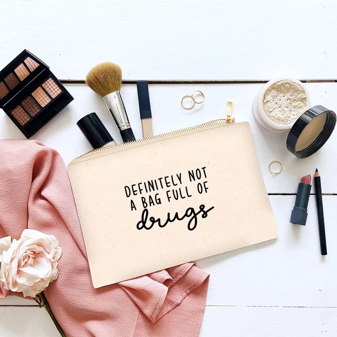 Andaz Press Funny Makeup Bag Canvas Cosmetic Bag with Zipper Definitely Not A Bag Full of Drugs Makeup Pouch For Purse Travel Toiletry Funny Pencil Bag Cute Birthday Gifts for Women 6.5 x 9 Inch
