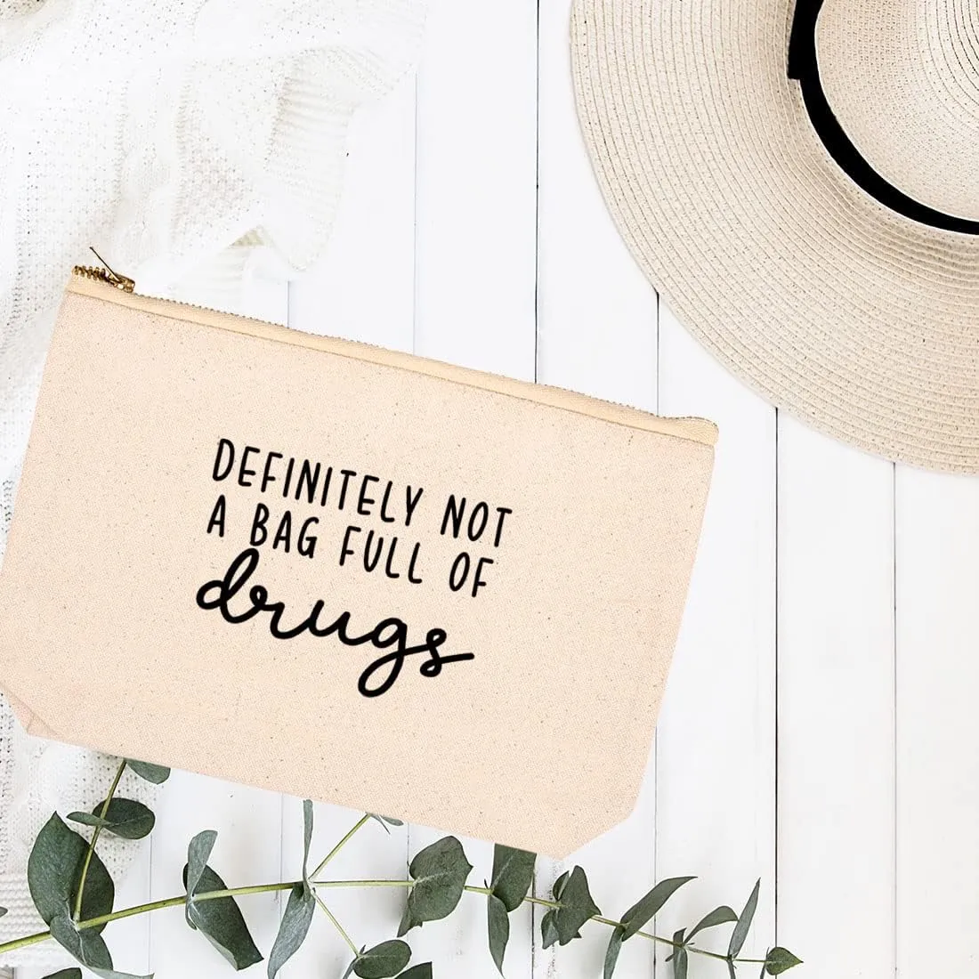 Andaz Press Funny Makeup Bag Canvas Cosmetic Bag with Zipper Definitely Not A Bag Full of Drugs Makeup Pouch For Purse Travel Toiletry Funny Pencil Bag Cute Birthday Gifts for Women 6.5 x 9 Inch