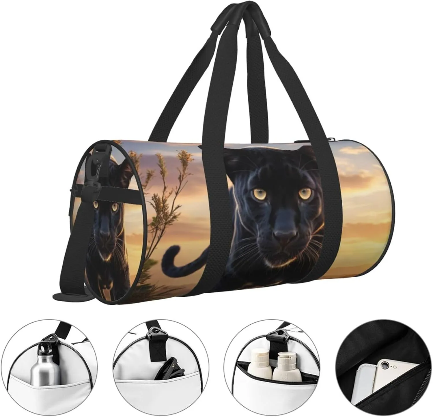 Animal Panther Printed Travel Bag,Round Personal Item Storage bag,Foldie Duffel Bag for Traveling Vacation,Fitness,Sports