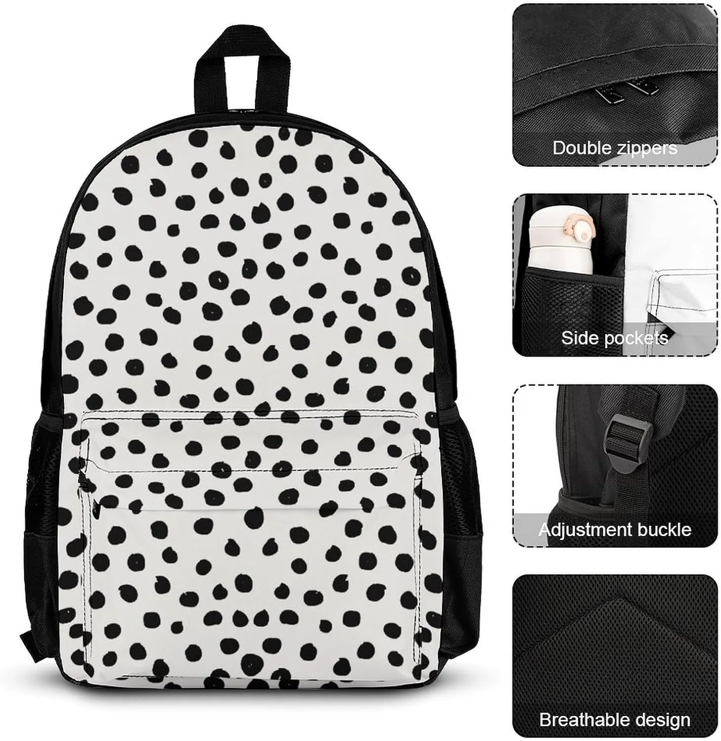 Animal Print Dots Black White Dalmatian Lightweight Pocket Backpack Crossbody Lunch Bag Set Unisex