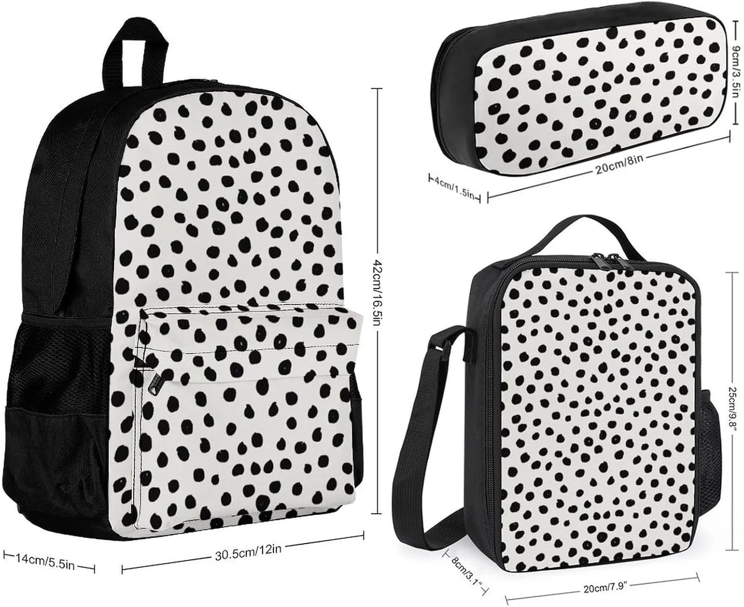 Animal Print Dots Black White Dalmatian Lightweight Pocket Backpack Crossbody Lunch Bag Set Unisex
