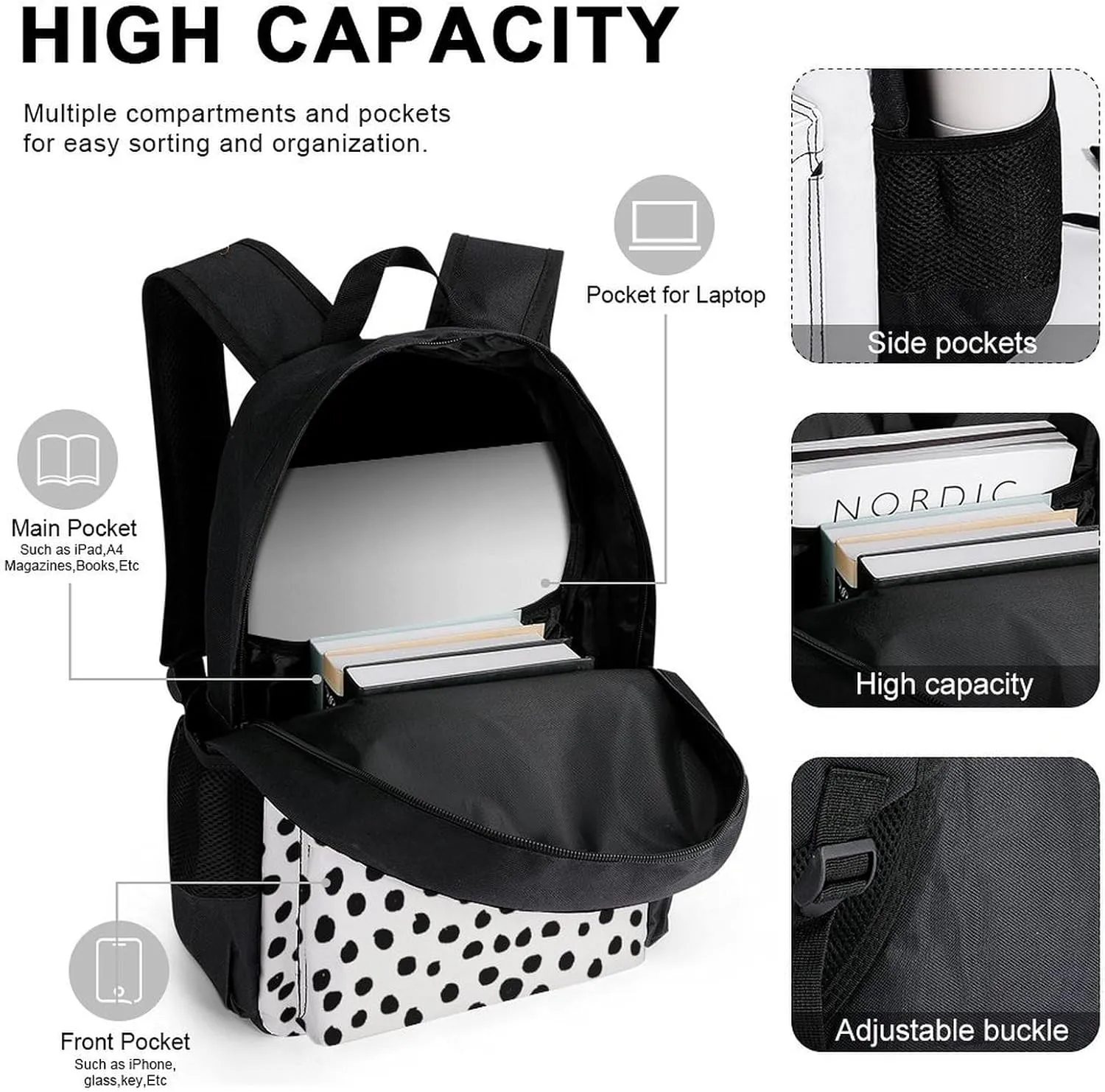 Animal Print Dots Black White Dalmatian Lightweight Pocket Backpack Crossbody Lunch Bag Set Unisex