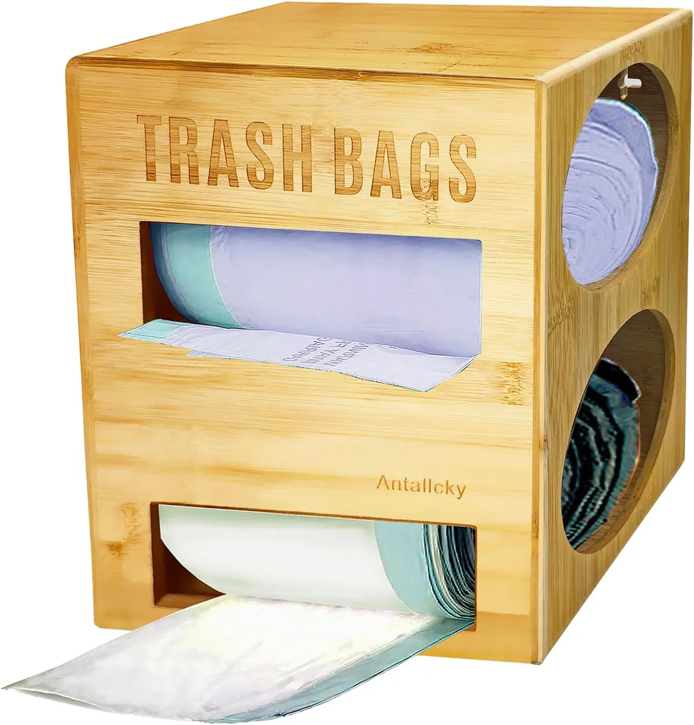 Antallcky Bamboo Trash Bag Dispenser Roll Holder 13 Gallon 2 Rooms,Garbage Bag Storage Dispenser Organizer Wall Mount or Under Sink for 2 Rolls of Plastic Bags(Up to About 160 Bags)