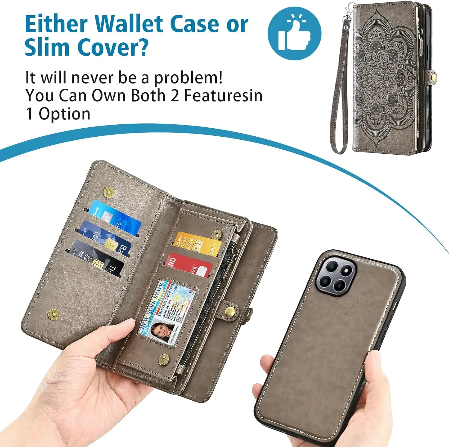 Asuwish Phone Case for Boost Mobile Celero 5G Plus 7 inch 2023 Zipper Wallet Magnetic Detachable Cell Cover with Tempered Glass Screen Protector Crossbody Strap Flower Card Holder 5G  Women Girls Gray