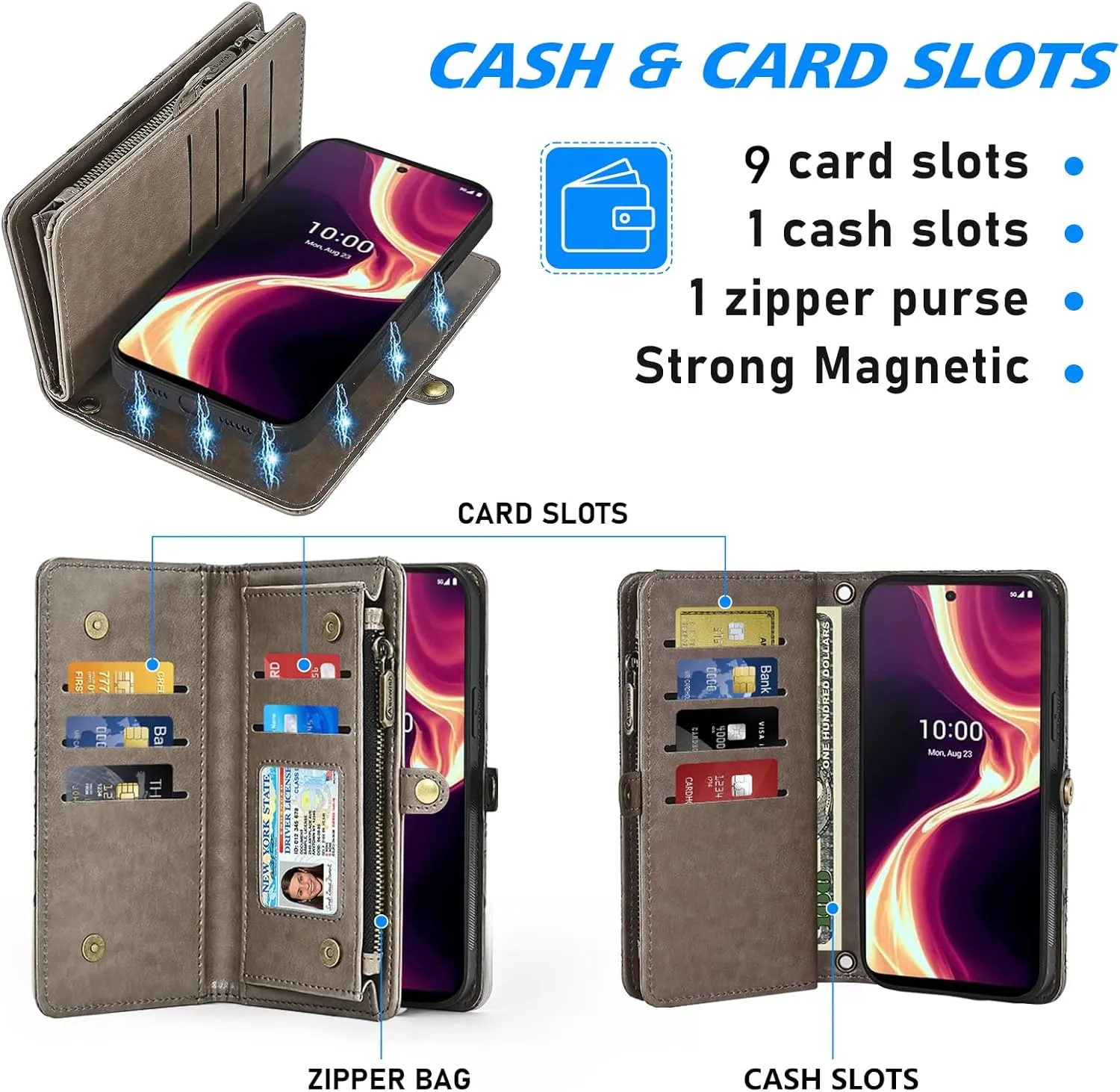 Asuwish Phone Case for Boost Mobile Celero 5G Plus 7 inch 2023 Zipper Wallet Magnetic Detachable Cell Cover with Tempered Glass Screen Protector Crossbody Strap Flower Card Holder 5G  Women Girls Gray