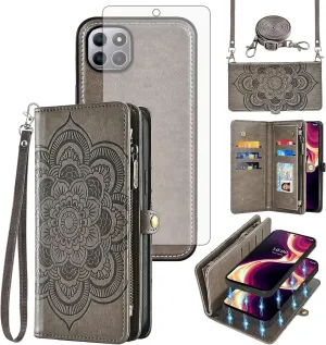 Asuwish Phone Case for Boost Mobile Celero 5G Plus 7 inch 2023 Zipper Wallet Magnetic Detachable Cell Cover with Tempered Glass Screen Protector Crossbody Strap Flower Card Holder 5G  Women Girls Gray