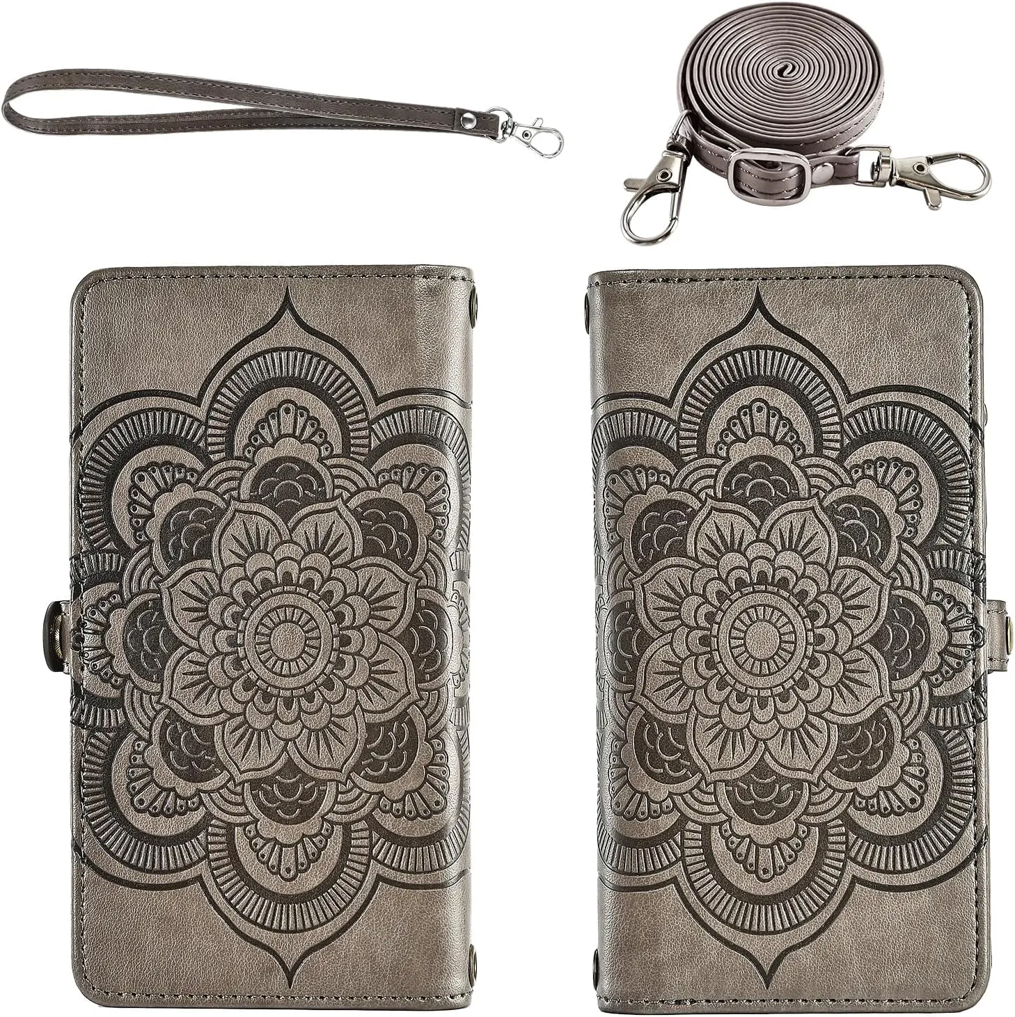 Asuwish Phone Case for Boost Mobile Celero 5G Plus 7 inch 2023 Zipper Wallet Magnetic Detachable Cell Cover with Tempered Glass Screen Protector Crossbody Strap Flower Card Holder 5G  Women Girls Gray
