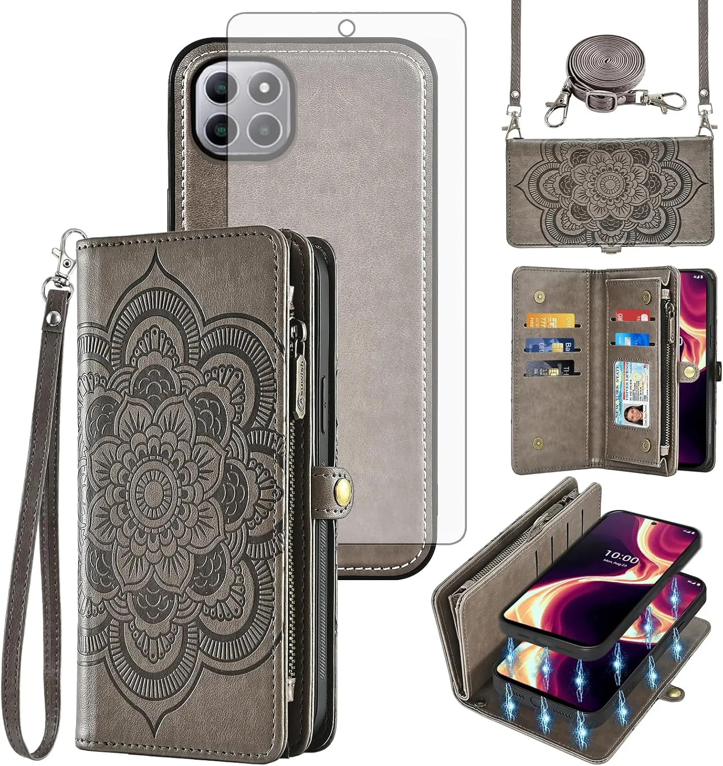 Asuwish Phone Case for Boost Mobile Celero 5G Plus 7 inch 2023 Zipper Wallet Magnetic Detachable Cell Cover with Tempered Glass Screen Protector Crossbody Strap Flower Card Holder 5G  Women Girls Gray