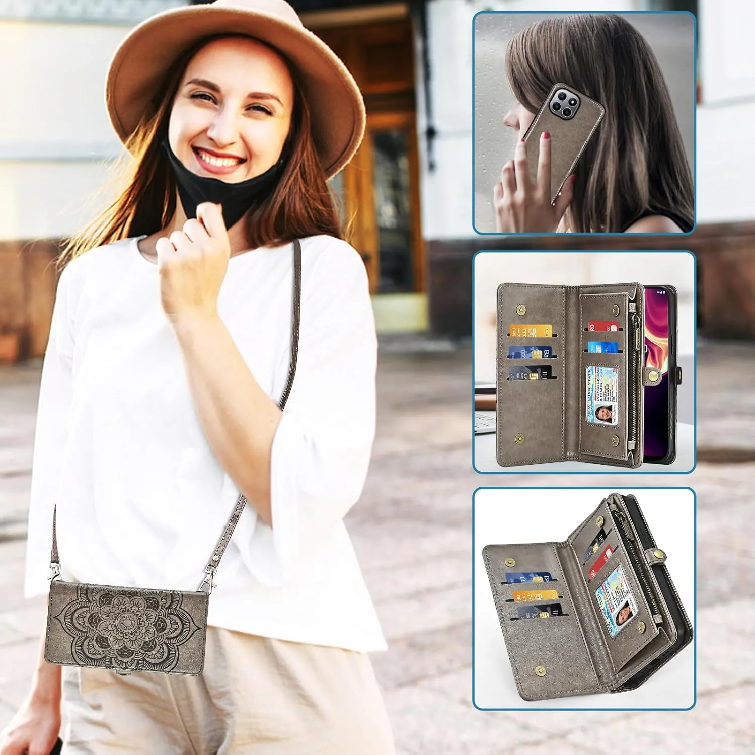 Asuwish Phone Case for Boost Mobile Celero 5G Plus 7 inch 2023 Zipper Wallet Magnetic Detachable Cell Cover with Tempered Glass Screen Protector Crossbody Strap Flower Card Holder 5G  Women Girls Gray