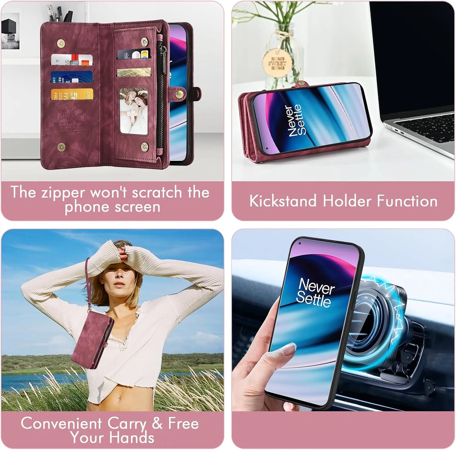 Asuwish Phone Case for OnePlus Nord N20 5G Zipper Wallet Detachable Cell Cover with Tempered Glass Screen Protector Strap Flip Card Holder One Plus N 20 G5 1 Plus 20N 1plus One  1  N205G Women Men Red