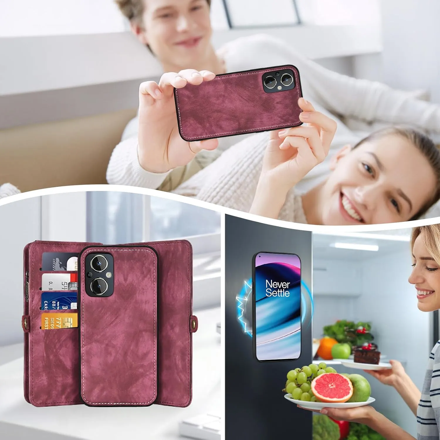 Asuwish Phone Case for OnePlus Nord N20 5G Zipper Wallet Detachable Cell Cover with Tempered Glass Screen Protector Strap Flip Card Holder One Plus N 20 G5 1 Plus 20N 1plus One  1  N205G Women Men Red