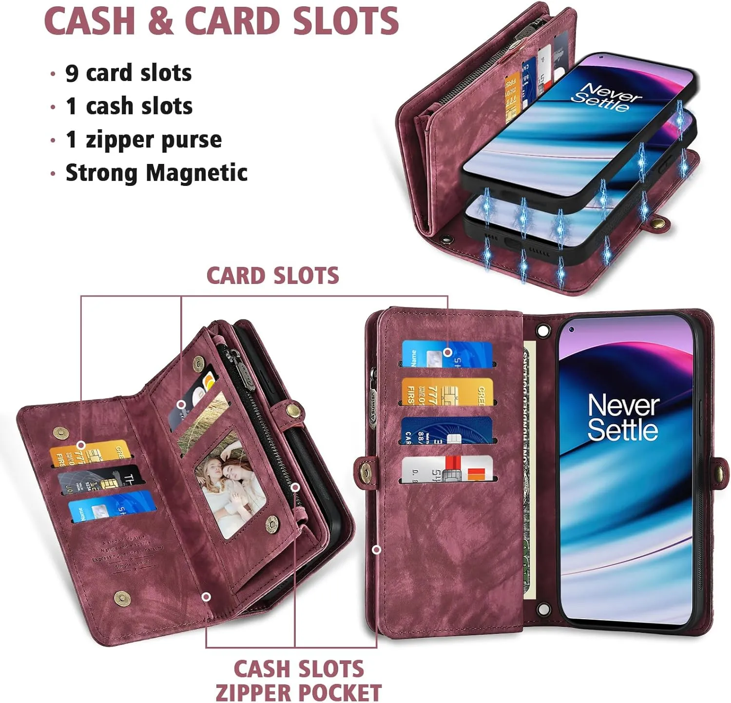 Asuwish Phone Case for OnePlus Nord N20 5G Zipper Wallet Detachable Cell Cover with Tempered Glass Screen Protector Strap Flip Card Holder One Plus N 20 G5 1 Plus 20N 1plus One  1  N205G Women Men Red