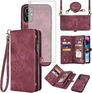 Asuwish Phone Case for OnePlus Nord N20 5G Zipper Wallet Detachable Cell Cover with Tempered Glass Screen Protector Strap Flip Card Holder One Plus N 20 G5 1 Plus 20N 1plus One  1  N205G Women Men Red