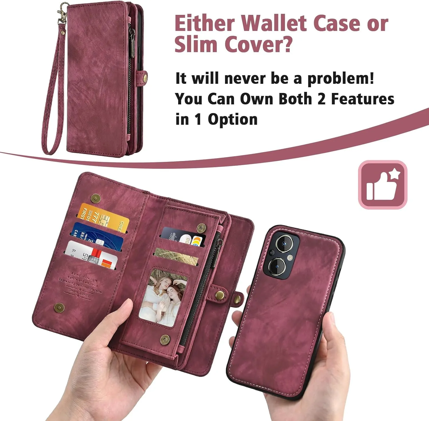 Asuwish Phone Case for OnePlus Nord N20 5G Zipper Wallet Detachable Cell Cover with Tempered Glass Screen Protector Strap Flip Card Holder One Plus N 20 G5 1 Plus 20N 1plus One  1  N205G Women Men Red