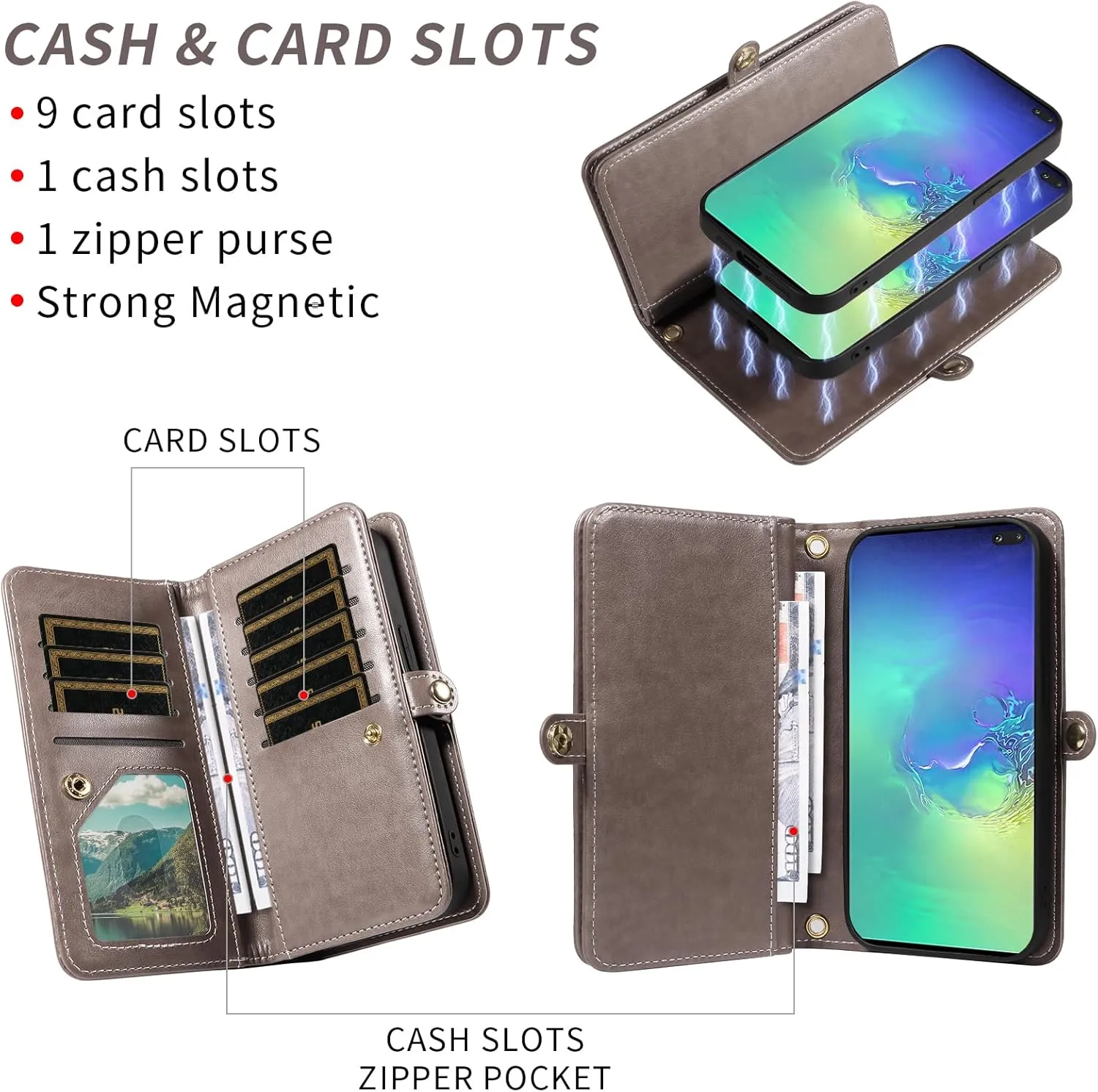 Asuwish Phone Case for Samsung Galaxy S10 Plus Zipper Wallet Detachable Cell Cover with Tempered Glass Screen Protector Crossbody Strap Flower Card Holder S10  S10plus 10S Edge S 10 10plus Women Gray