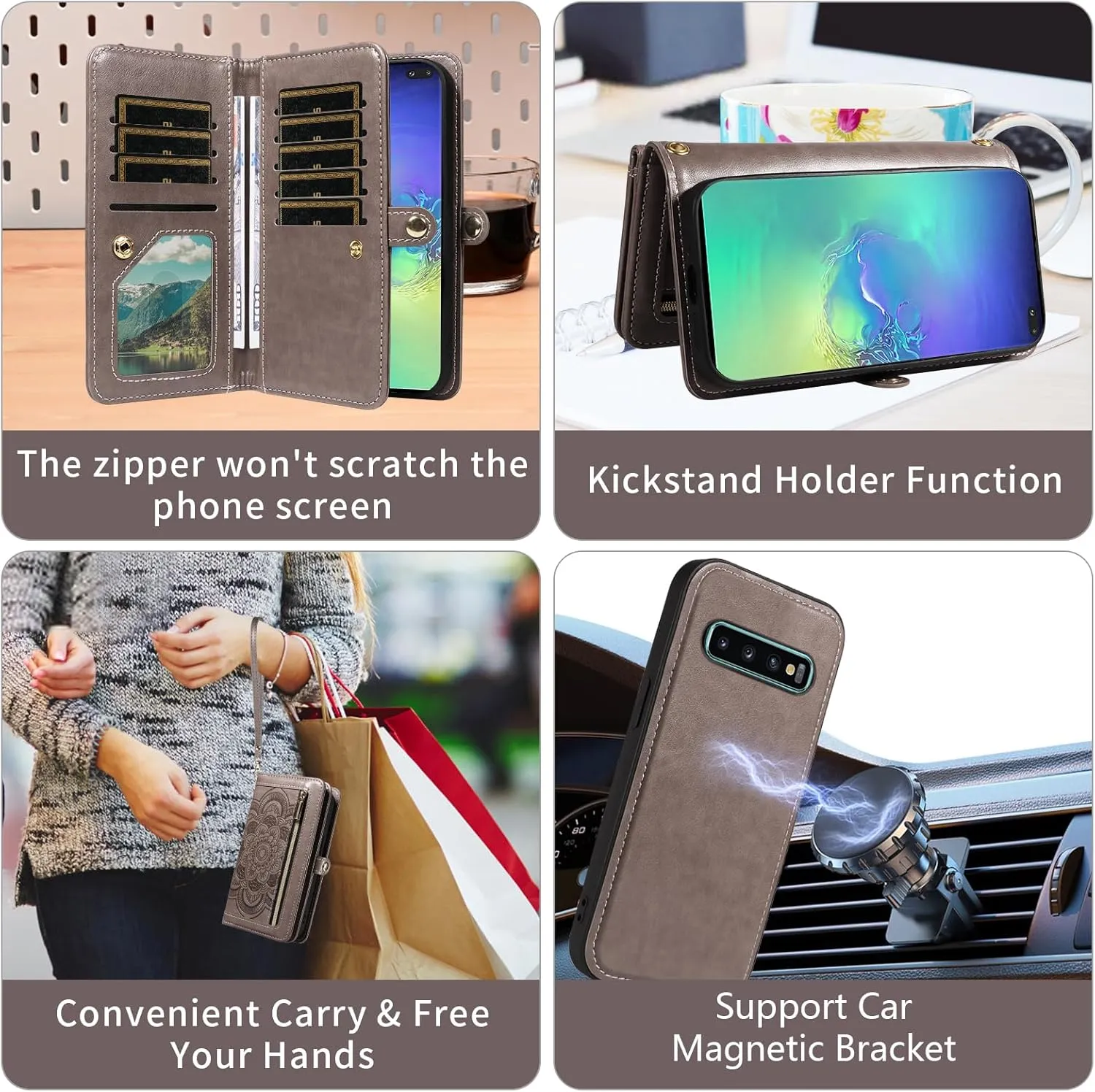 Asuwish Phone Case for Samsung Galaxy S10 Plus Zipper Wallet Detachable Cell Cover with Tempered Glass Screen Protector Crossbody Strap Flower Card Holder S10  S10plus 10S Edge S 10 10plus Women Gray