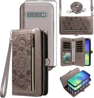 Asuwish Phone Case for Samsung Galaxy S10 Plus Zipper Wallet Detachable Cell Cover with Tempered Glass Screen Protector Crossbody Strap Flower Card Holder S10  S10plus 10S Edge S 10 10plus Women Gray