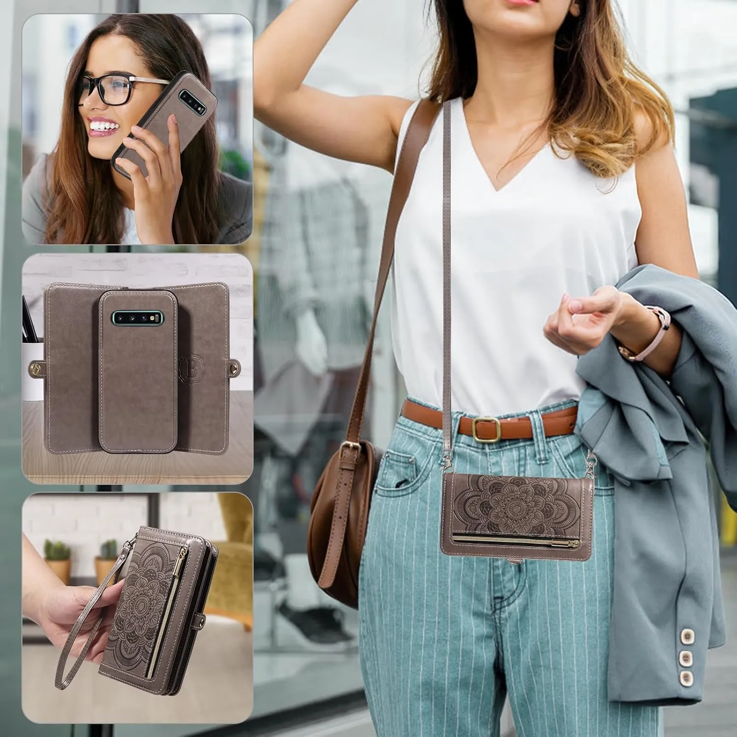 Asuwish Phone Case for Samsung Galaxy S10 Plus Zipper Wallet Detachable Cell Cover with Tempered Glass Screen Protector Crossbody Strap Flower Card Holder S10  S10plus 10S Edge S 10 10plus Women Gray