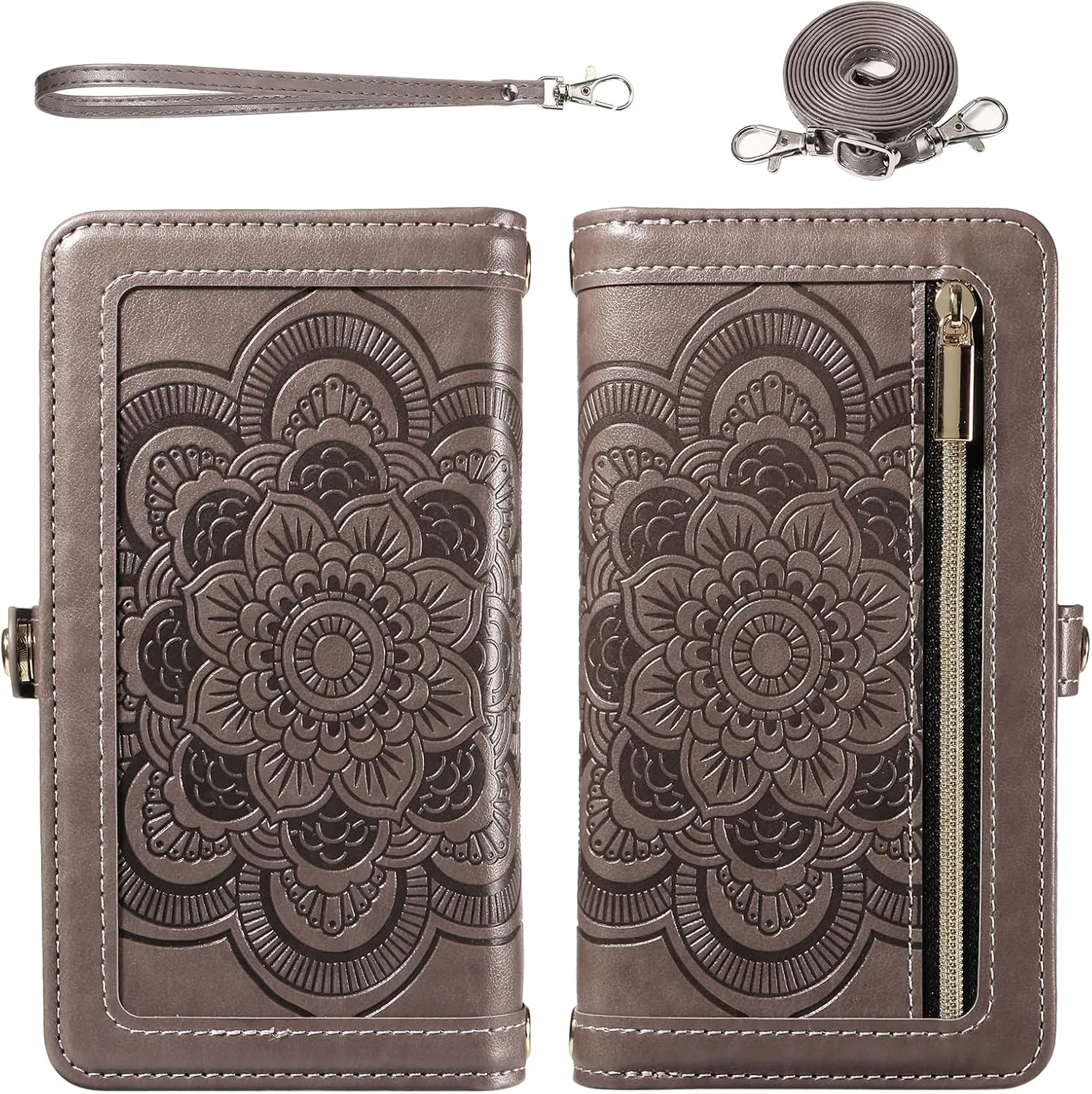 Asuwish Phone Case for Samsung Galaxy S10 Plus Zipper Wallet Detachable Cell Cover with Tempered Glass Screen Protector Crossbody Strap Flower Card Holder S10  S10plus 10S Edge S 10 10plus Women Gray