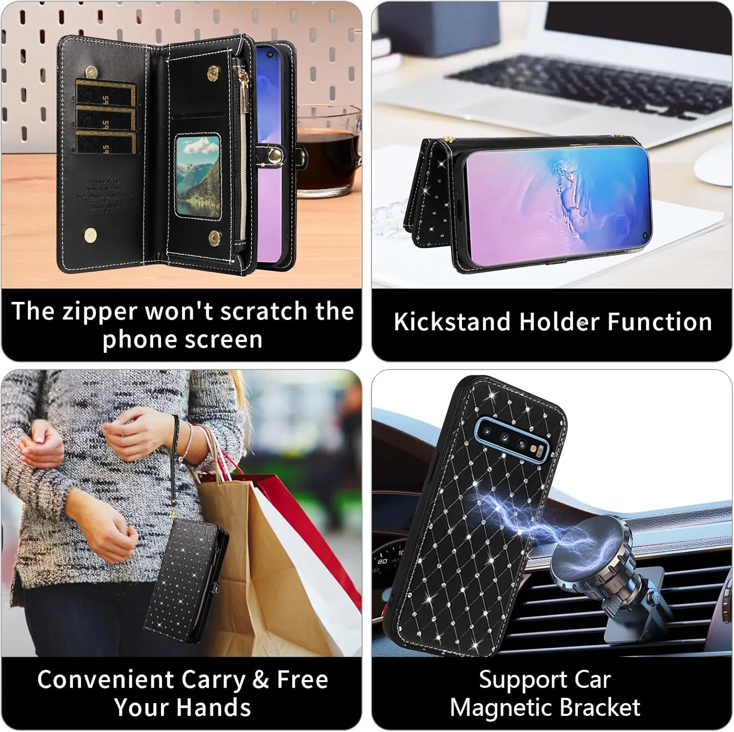 Asuwish Phone Case for Samsung Galaxy S10 Zipper Wallet Detachable Cell Cover with Tempered Glass Screen Protector Crossbody Strap Glitter Flip Card Holder Slot S 10 Edge 10S GS10 X10 Women Men Black