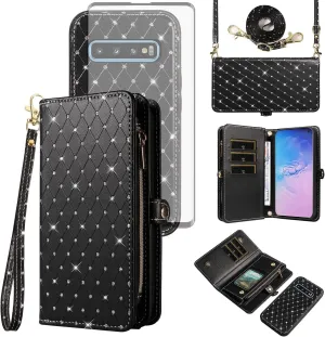 Asuwish Phone Case for Samsung Galaxy S10 Zipper Wallet Detachable Cell Cover with Tempered Glass Screen Protector Crossbody Strap Glitter Flip Card Holder Slot S 10 Edge 10S GS10 X10 Women Men Black