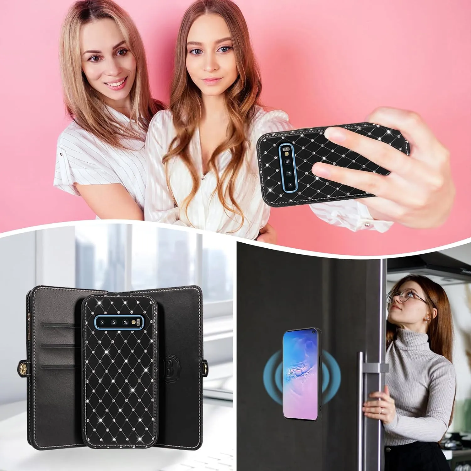 Asuwish Phone Case for Samsung Galaxy S10 Zipper Wallet Detachable Cell Cover with Tempered Glass Screen Protector Crossbody Strap Glitter Flip Card Holder Slot S 10 Edge 10S GS10 X10 Women Men Black
