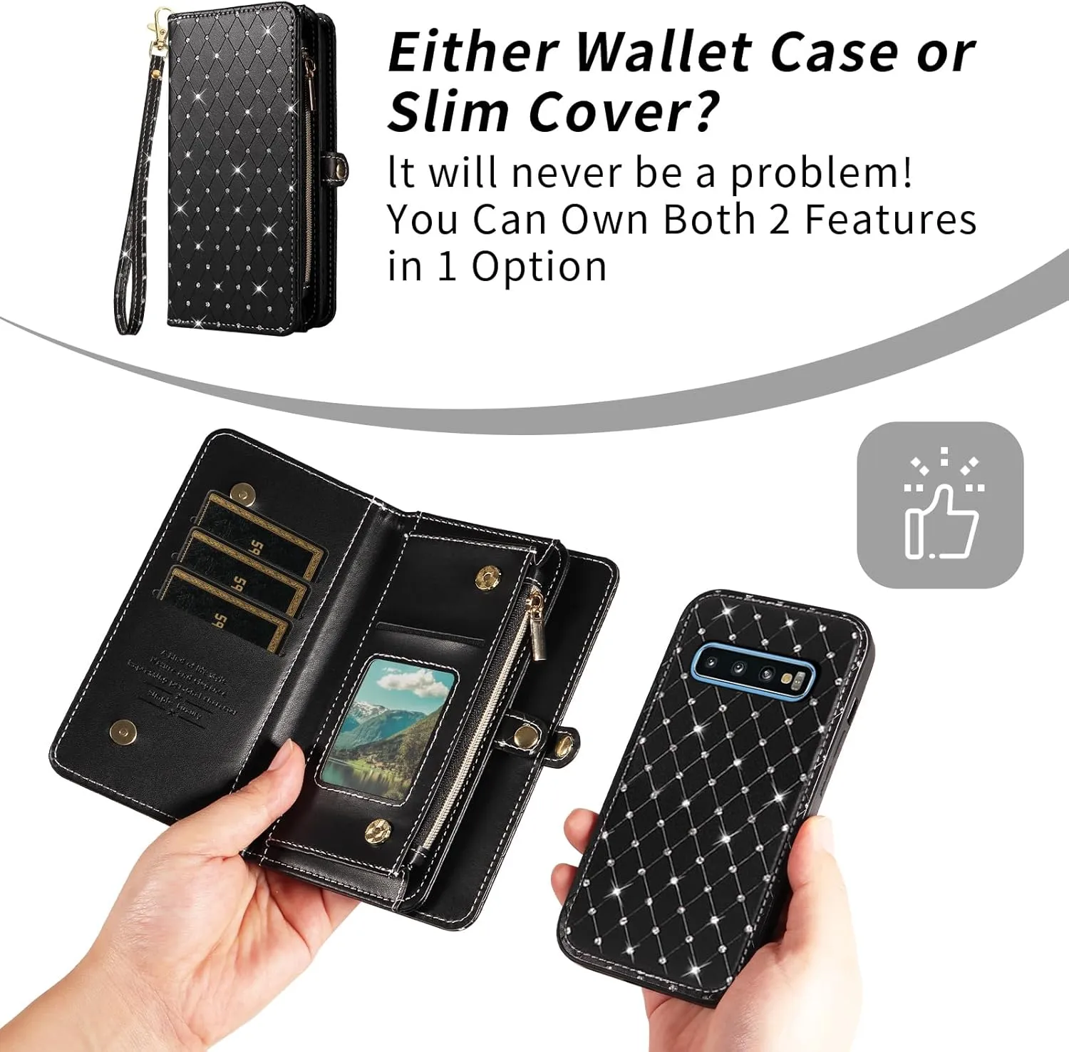 Asuwish Phone Case for Samsung Galaxy S10 Zipper Wallet Detachable Cell Cover with Tempered Glass Screen Protector Crossbody Strap Glitter Flip Card Holder Slot S 10 Edge 10S GS10 X10 Women Men Black
