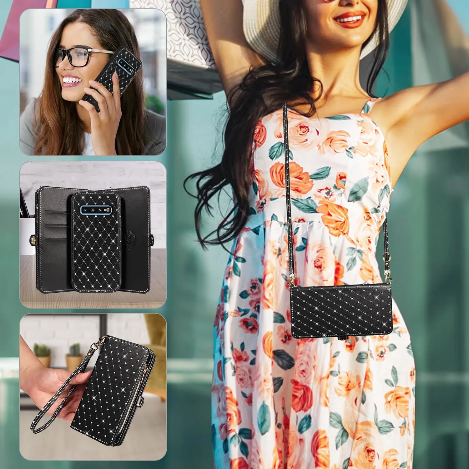 Asuwish Phone Case for Samsung Galaxy S10 Zipper Wallet Detachable Cell Cover with Tempered Glass Screen Protector Crossbody Strap Glitter Flip Card Holder Slot S 10 Edge 10S GS10 X10 Women Men Black
