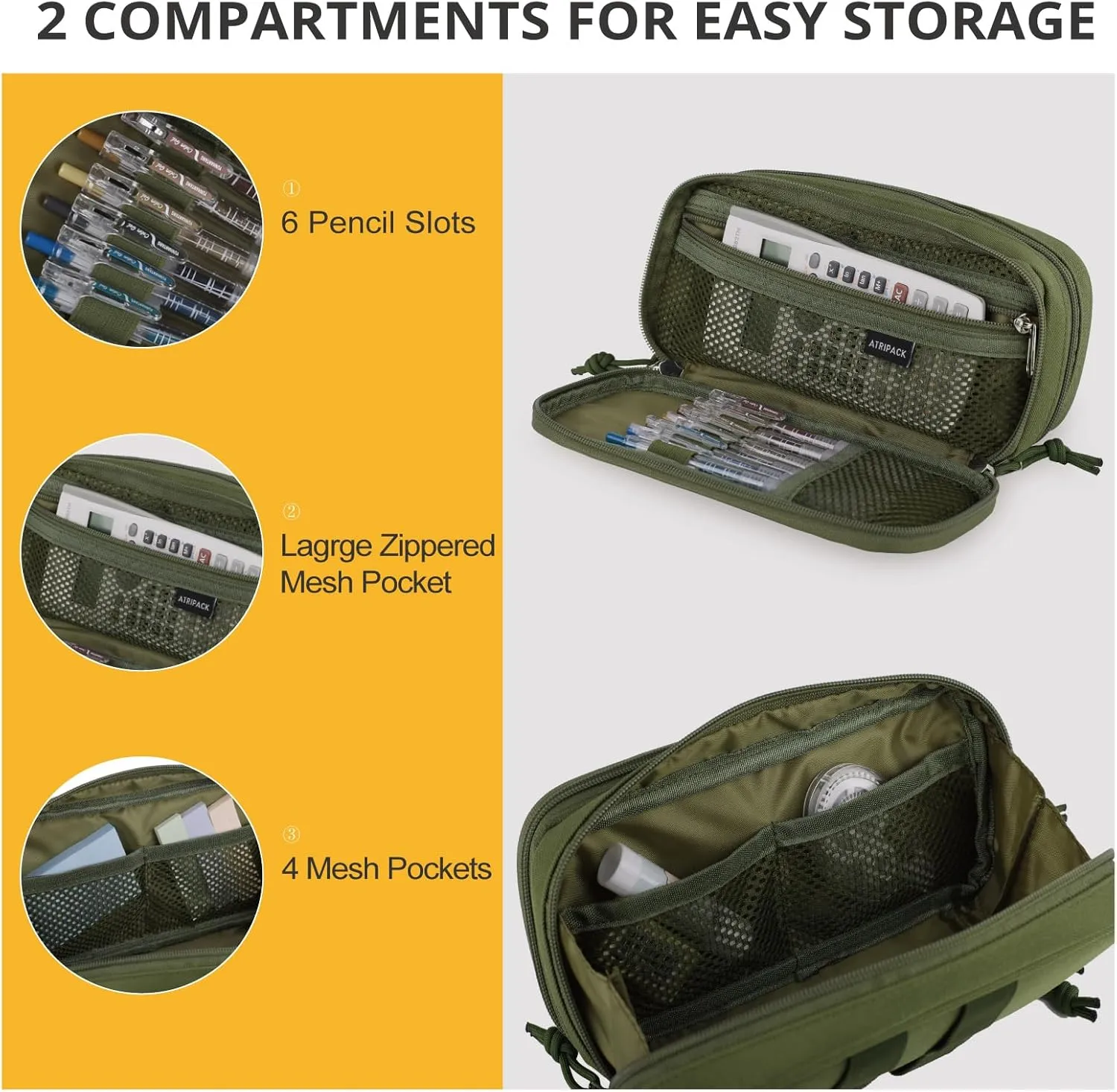 ATRIPACK Tactical Pencil Case for Boy, Large Capacity Pencil Pouch, Marker Organizer Case, Pen Box, Tool Bag Desk Organizer for School, College, Office - Kids, Men, Women, Adults, Teens (Green)