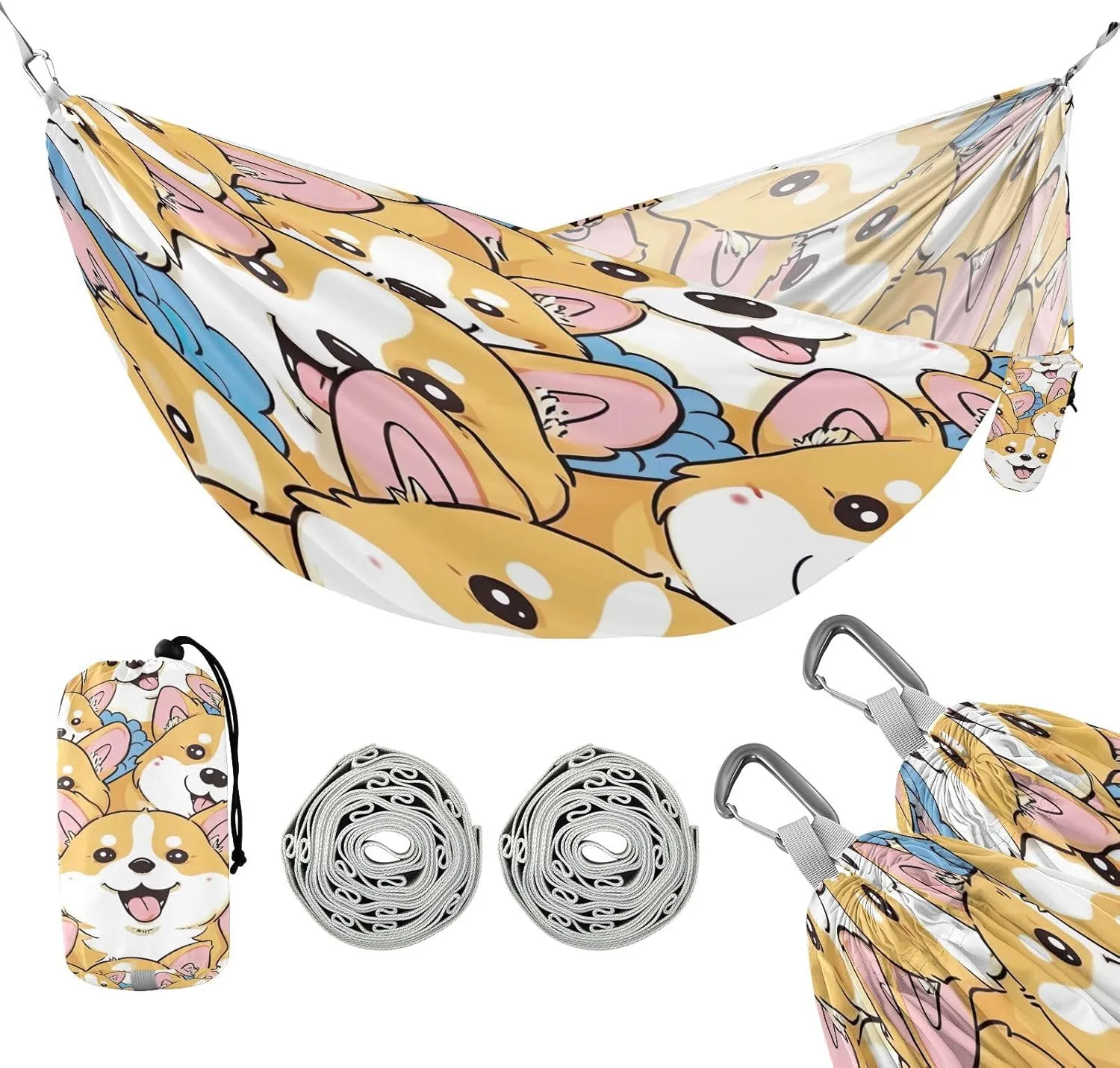 ATTX Beautiful Cartoon Corgi Camping Hammock - Lightweight & Portable Hammocks, Heavy Duty 330lbs Capacity for Indoor, Hiking, Backpacking, Travel, Backyard, Beach#412