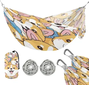 ATTX Beautiful Cartoon Corgi Camping Hammock - Lightweight & Portable Hammocks, Heavy Duty 330lbs Capacity for Indoor, Hiking, Backpacking, Travel, Backyard, Beach#412