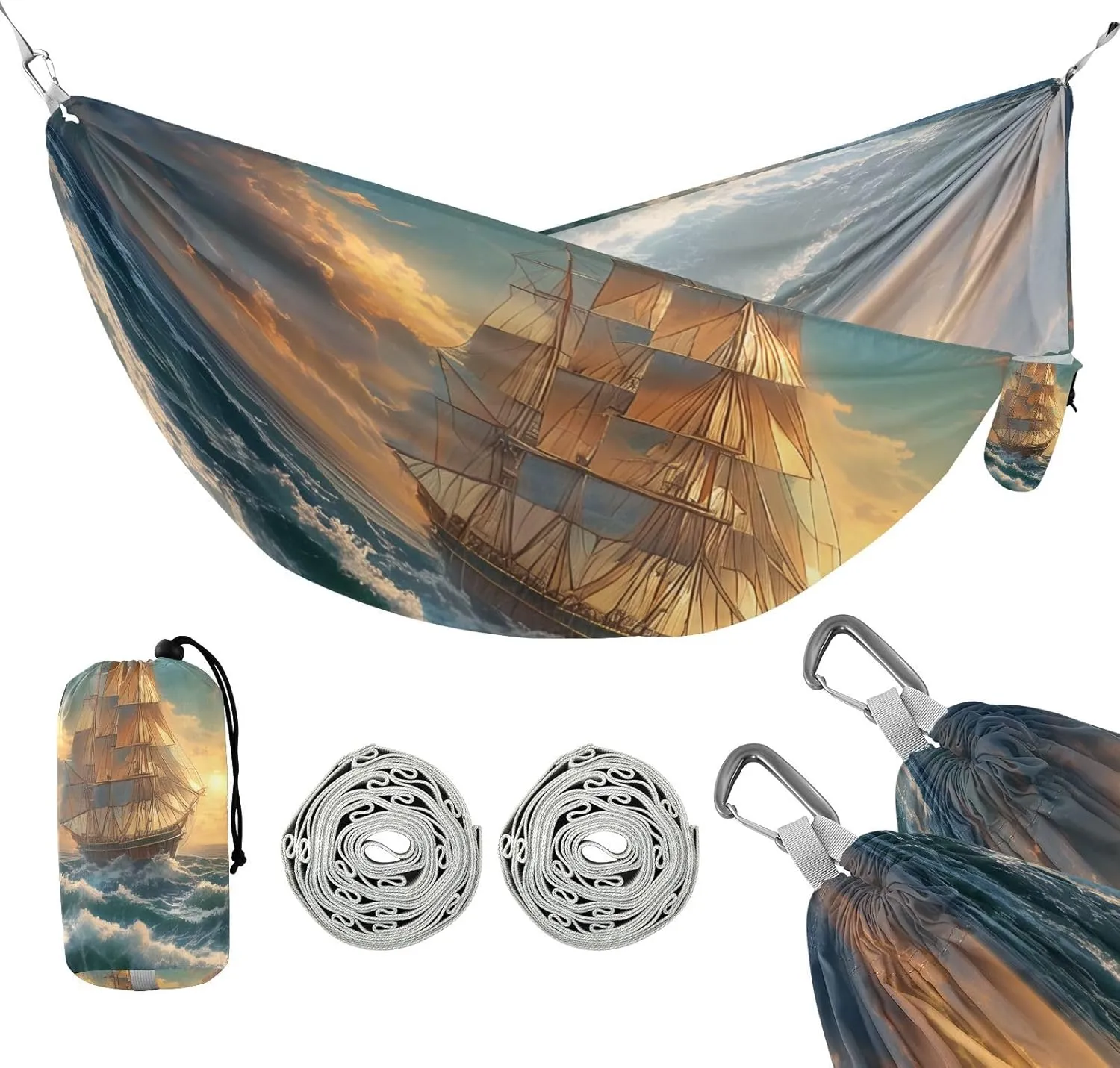 ATTX Sailing Ship Oil Painting Camping Hammock - Lightweight & Portable Hammocks, Heavy Duty 330lbs Capacity for Indoor, Hiking, Backpacking, Travel, Backyard, Beach#123