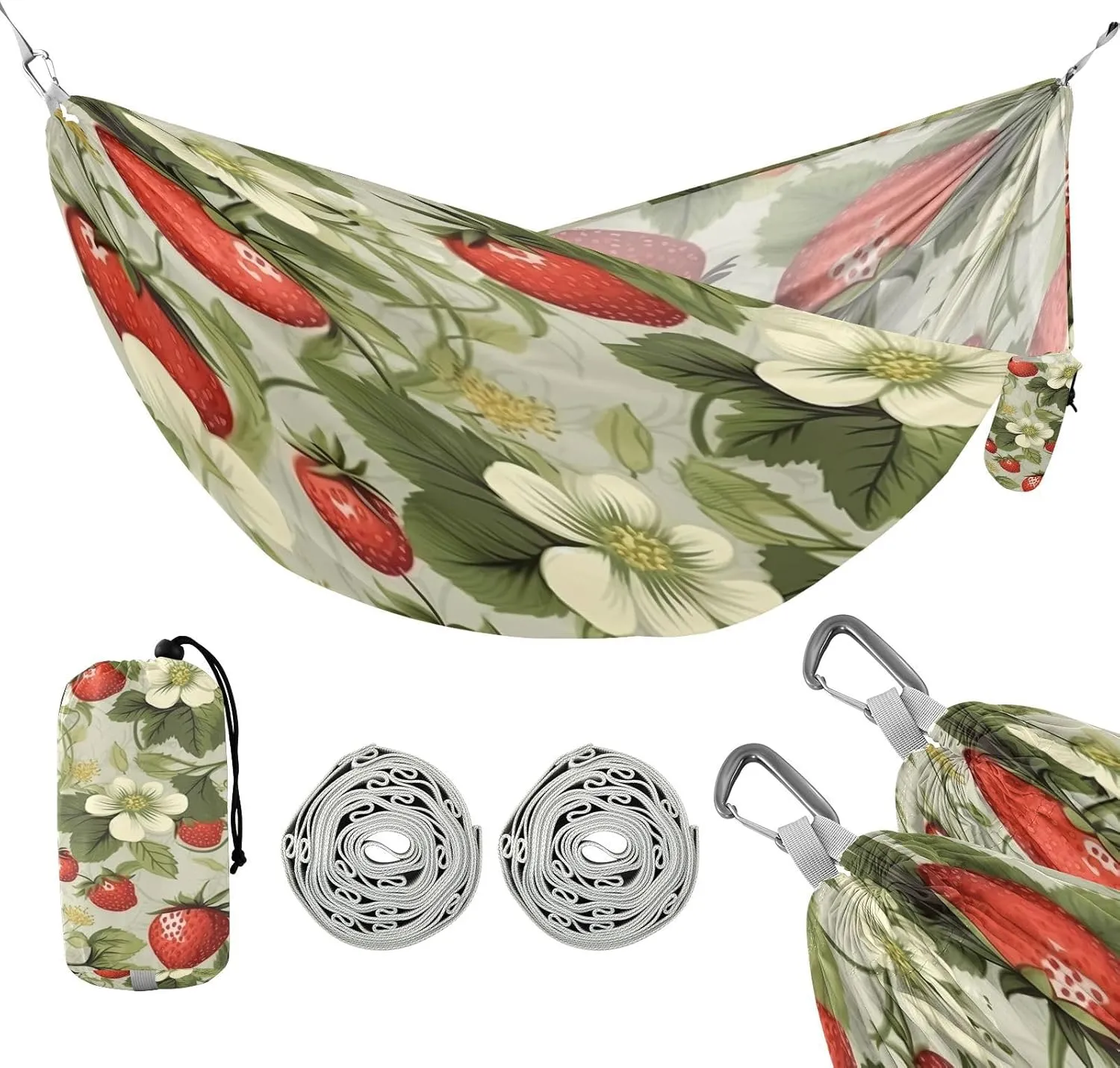 ATTX Strawberry Flower Pattern Camping Hammock - Lightweight & Portable Hammocks, Heavy Duty 330lbs Capacity for Indoor, Hiking, Backpacking, Travel, Backyard, Beach#307