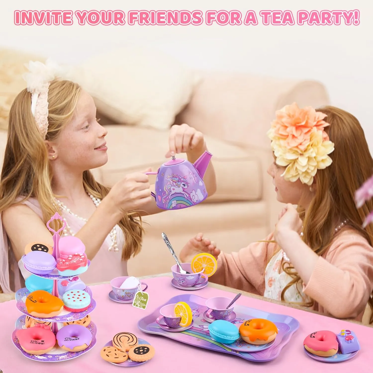 Auney Tea Set Toys for Girls 36pcs, Unicorn Tea Party Toy Pretend Play Toddler Toys, Girls Toys for Birthday Including Carrying Case (Pink Purple Unicorn)