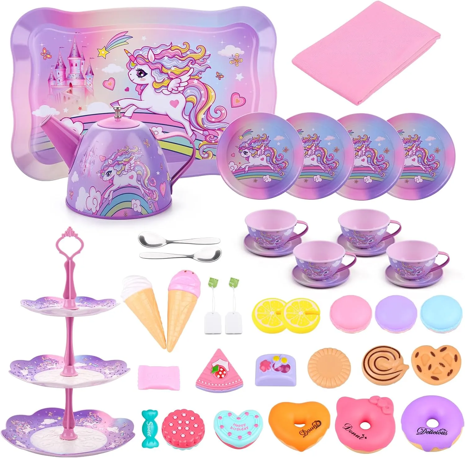 Auney Tea Set Toys for Girls 36pcs, Unicorn Tea Party Toy Pretend Play Toddler Toys, Girls Toys for Birthday Including Carrying Case (Pink Purple Unicorn)