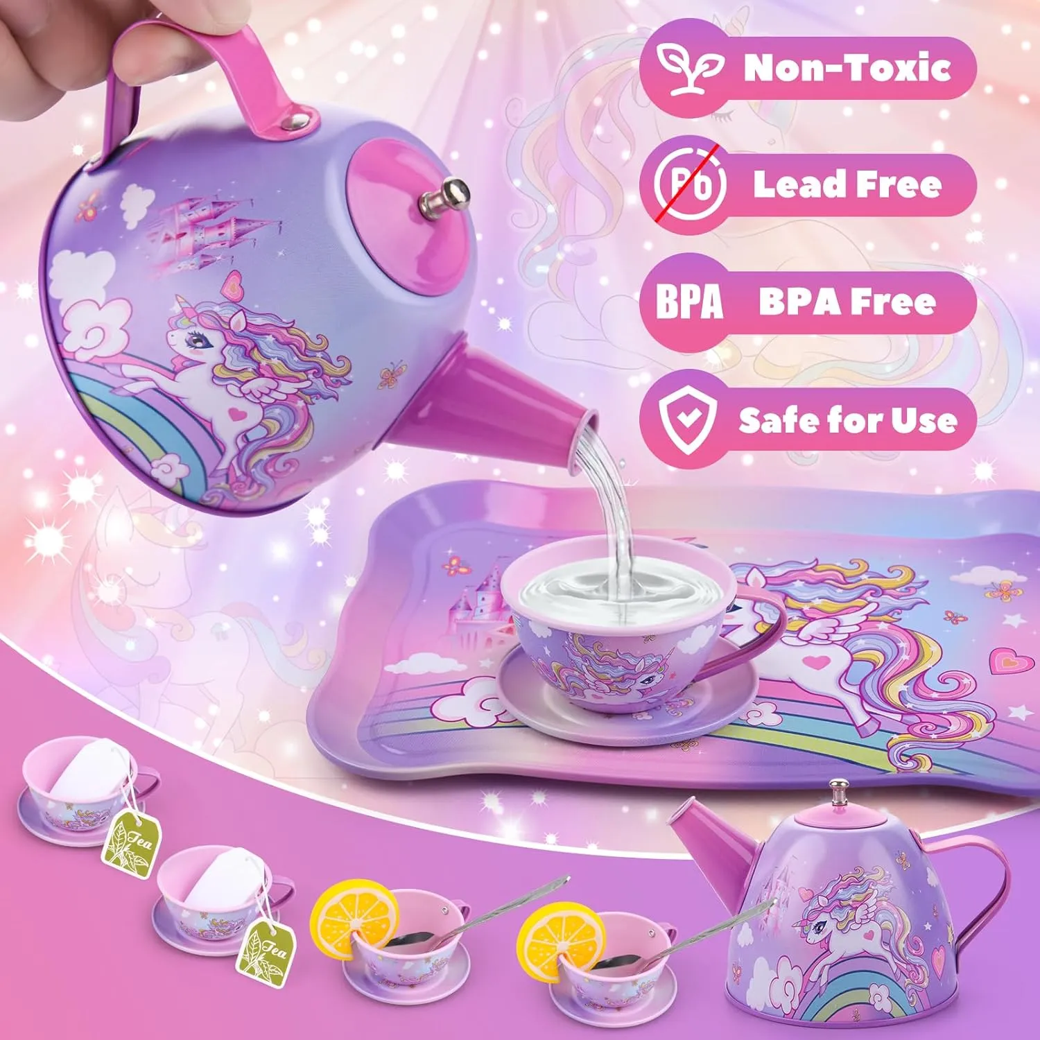 Auney Tea Set Toys for Girls 36pcs, Unicorn Tea Party Toy Pretend Play Toddler Toys, Girls Toys for Birthday Including Carrying Case (Pink Purple Unicorn)