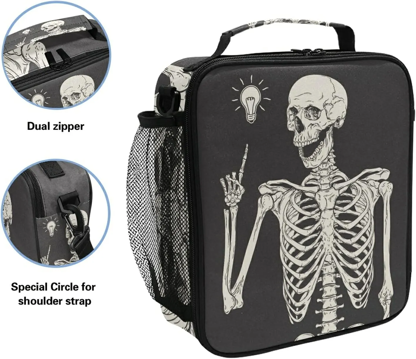 AUUXVA Funny Skull Pattern Insulated Lunch Box Bags for Women Men Kids Girls Tote Crossbody Lunch Container Food Carrier