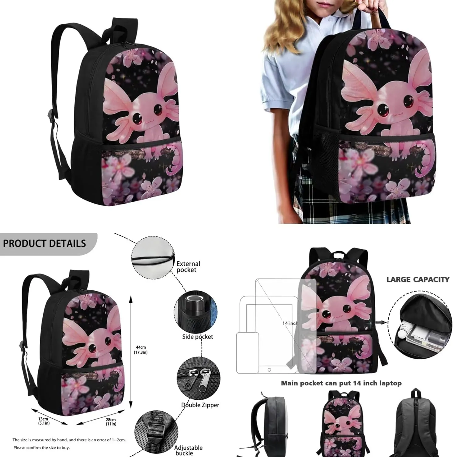 Axolotl Backpack for Girls Cherry Blossom School Bookbag with Lunch Bag Pencil Case Bottle Sleeve 4 Pcs Set Children Schoolbag Elementary Middle School Student Back Pack