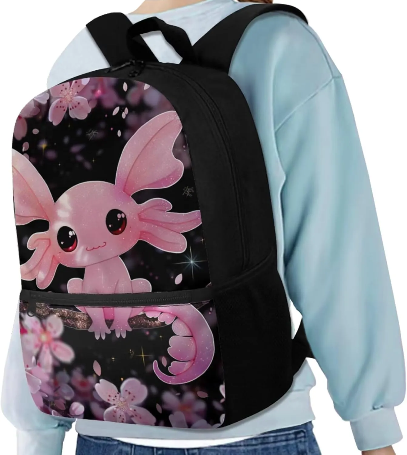 Axolotl Backpack for Girls Cherry Blossom School Bookbag with Lunch Bag Pencil Case Bottle Sleeve 4 Pcs Set Children Schoolbag Elementary Middle School Student Back Pack