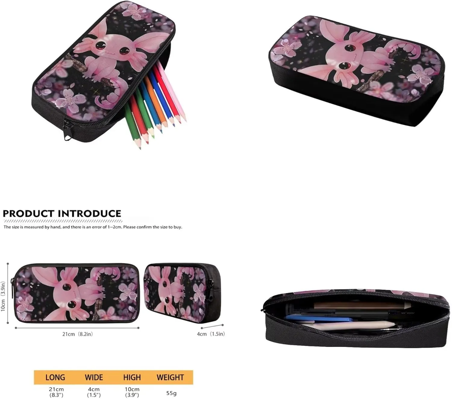 Axolotl Backpack for Girls Cherry Blossom School Bookbag with Lunch Bag Pencil Case Bottle Sleeve 4 Pcs Set Children Schoolbag Elementary Middle School Student Back Pack