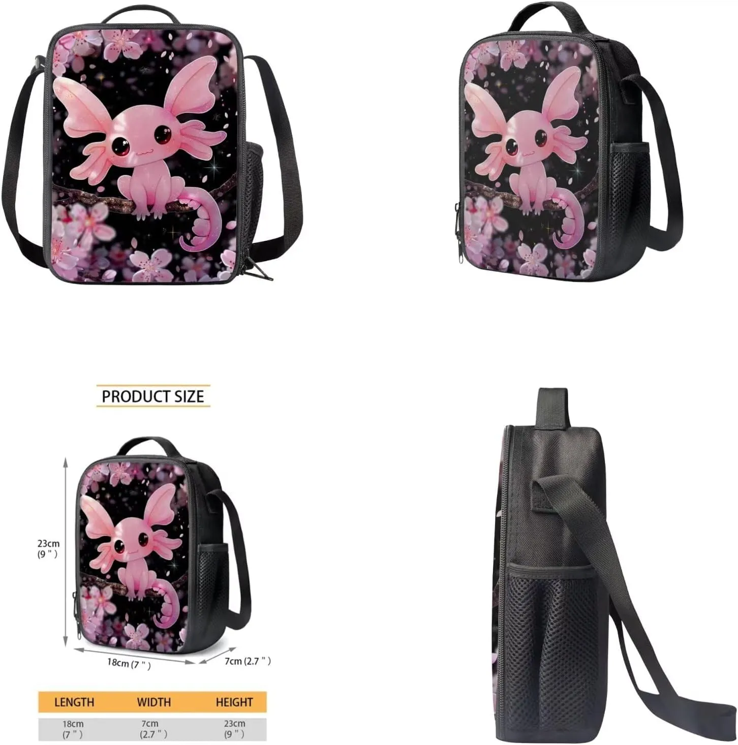 Axolotl Backpack for Girls Cherry Blossom School Bookbag with Lunch Bag Pencil Case Bottle Sleeve 4 Pcs Set Children Schoolbag Elementary Middle School Student Back Pack