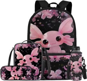 Axolotl Backpack for Girls Cherry Blossom School Bookbag with Lunch Bag Pencil Case Bottle Sleeve 4 Pcs Set Children Schoolbag Elementary Middle School Student Back Pack