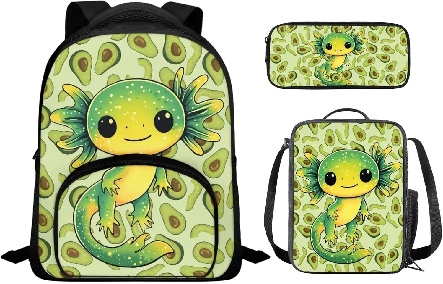Axolotl Backpack for Girls Preschool Lightweight Bookbag with Lunch Box and Pencil Case 3PCS School Back Pack Set for Little Boys Picnic Travel or Hiking Casual Daypack