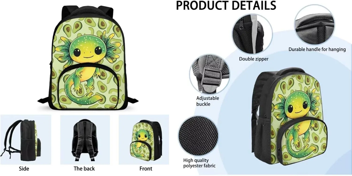 Axolotl Backpack for Girls Preschool Lightweight Bookbag with Lunch Box and Pencil Case 3PCS School Back Pack Set for Little Boys Picnic Travel or Hiking Casual Daypack